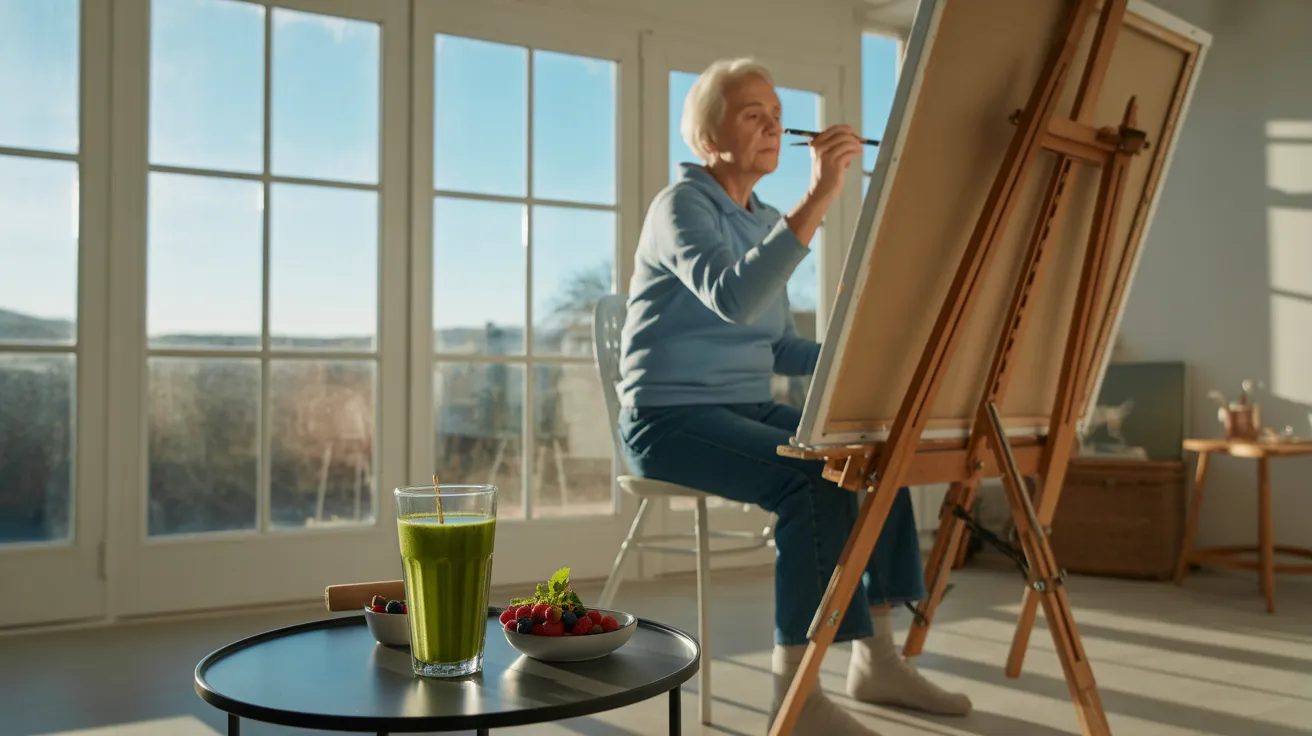 An ultra wide view of a senior painting in a sun-drenched studio. A glass of a smoothie and a bowl of fruit sit on a nearby table.