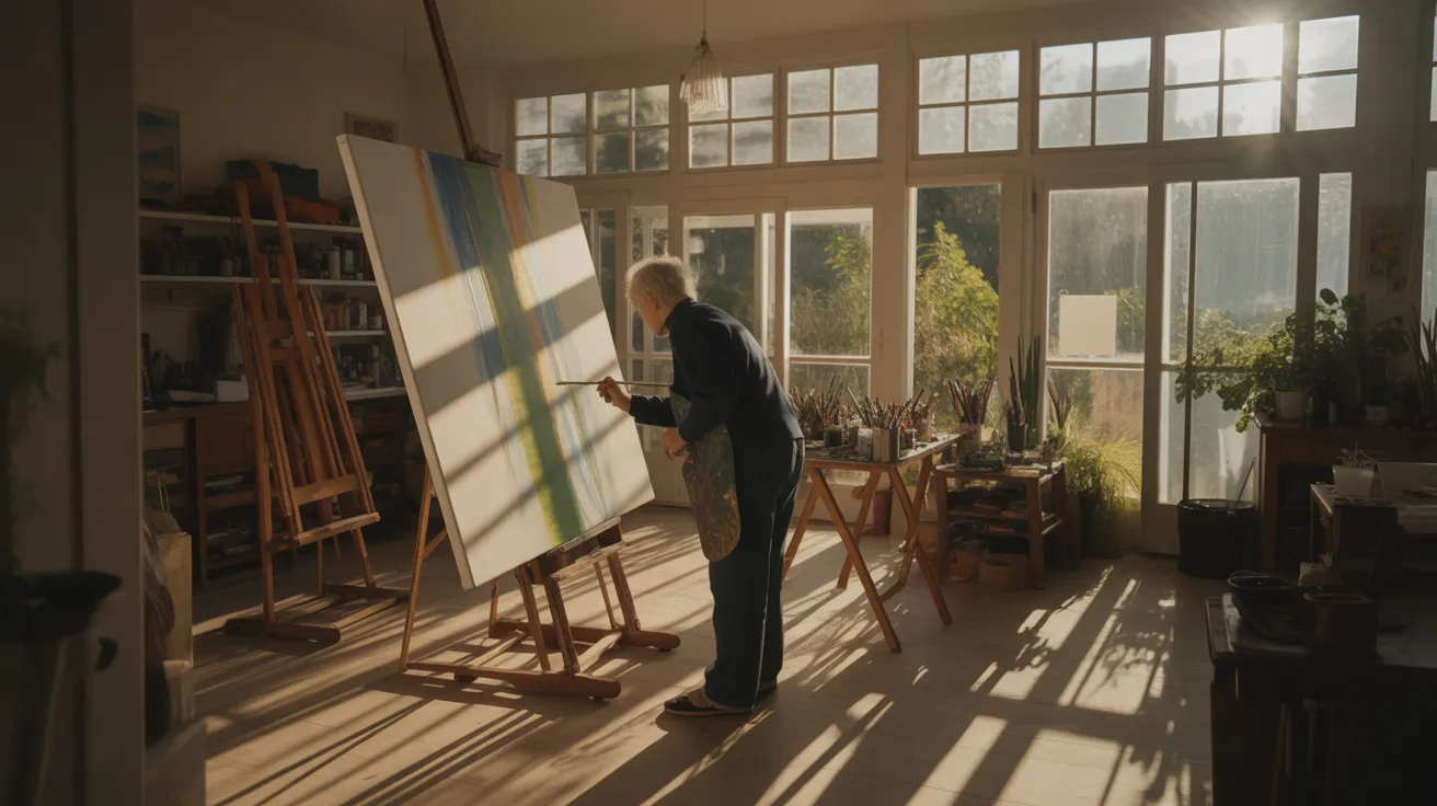 An ultra-wide interior view of an artist's sunlit studio. A senior is intently painting at an easel, surrounded by supplies under harsh midday light.