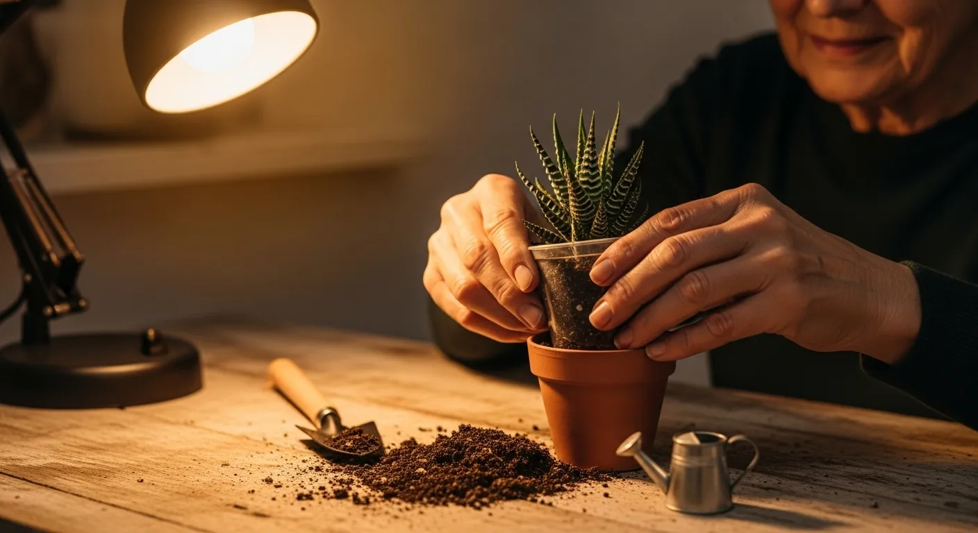 Close-up on a senior's hands carefully tending to a small houseplant under the warm light of a single lamp at night.