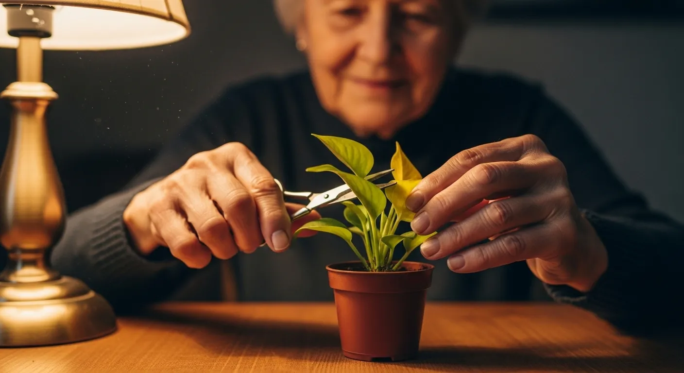 A close-up of a senior's hands caring for a houseplant. Their contented face is softly visible in the background under warm lamplight.