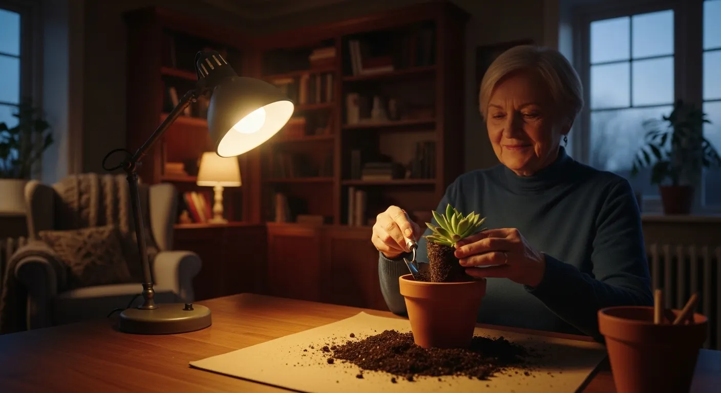 A wide view of a senior in a softly lit room at night, with the focus on the sharp detail of them repotting a small houseplant.