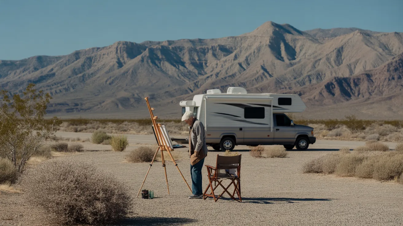 An older person paints on an easel at a campsite, with their RV behind them and a wide desert vista in front.