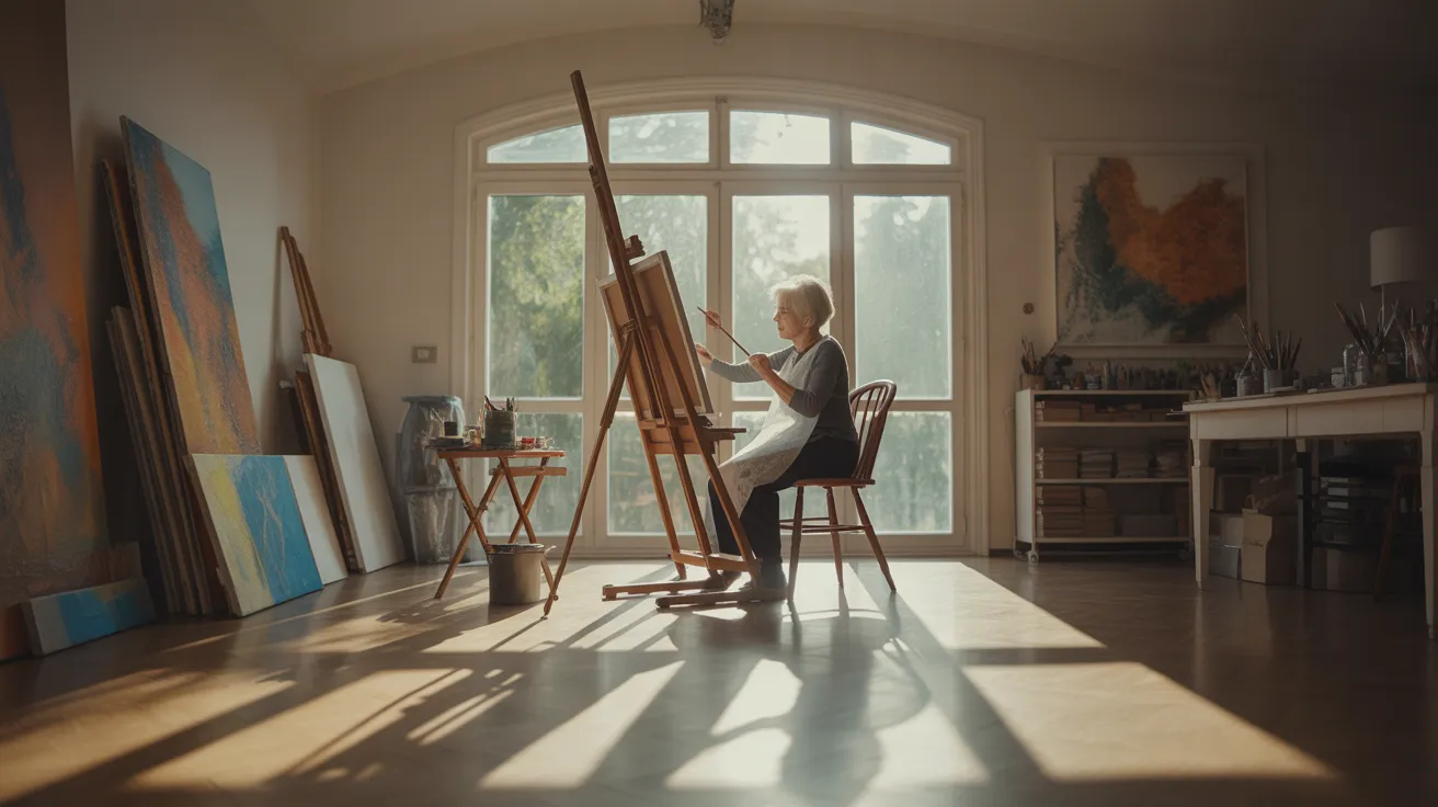 An ultra-wide view of a sunlit art studio where a senior woman is absorbed in painting at an easel, with strong shadows cast by the midday sun.