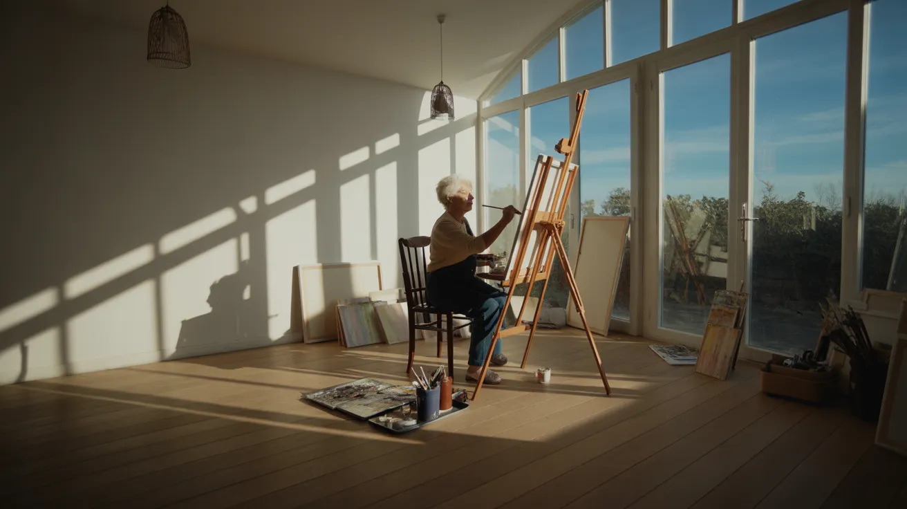 Ultra-wide shot of a senior woman painting in a sun-drenched art studio, with harsh shadows cast across the wooden floor.