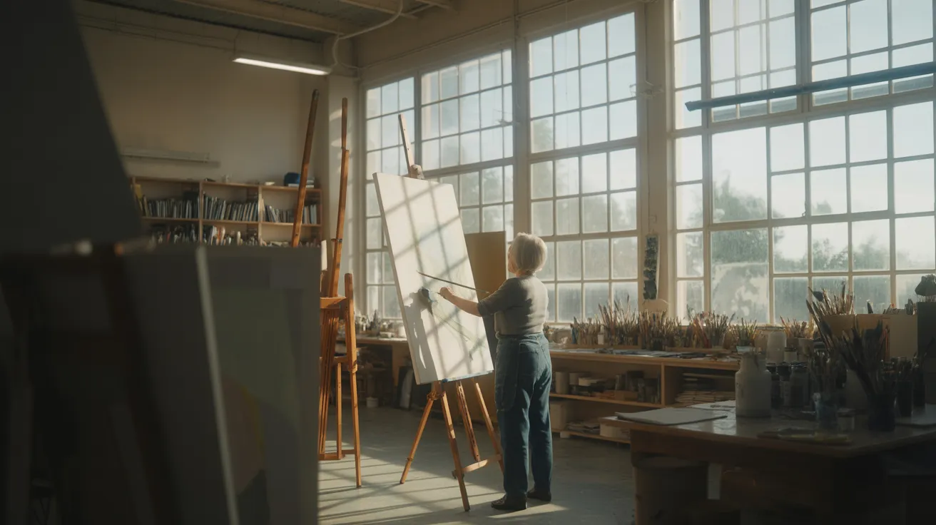 An ultra-wide view of an art studio with a senior woman painting at an easel in a patch of harsh sunlight from a large window.