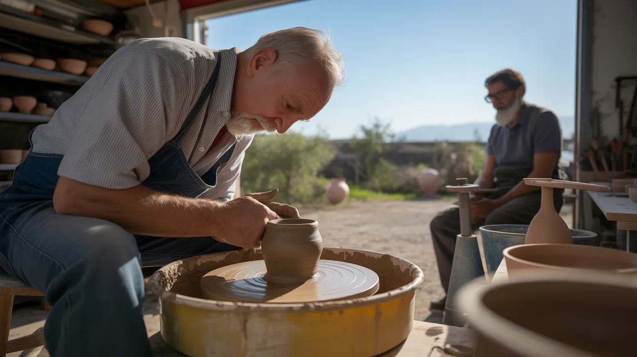 A senior man at a pottery wheel in a sunny garage workshop, with another person watching from the background.