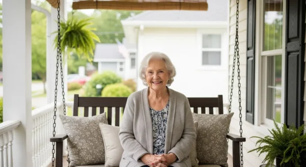 A senior woman smiles warmly in a close-up view, seated on her porch swing in soft morning light.