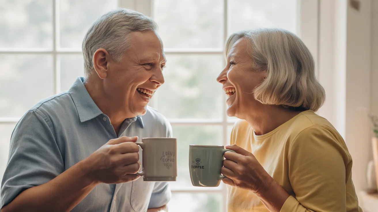 A senior man and woman are laughing together while holding coffee mugs at a brightly lit kitchen table.