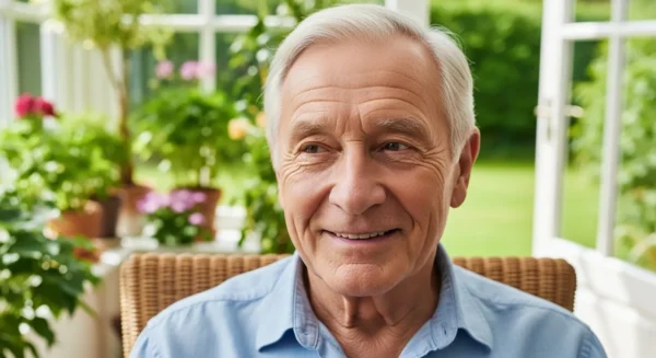 A happy senior man's face in a close-up, situated within a wide view of a sunlit conservatory filled with plants.