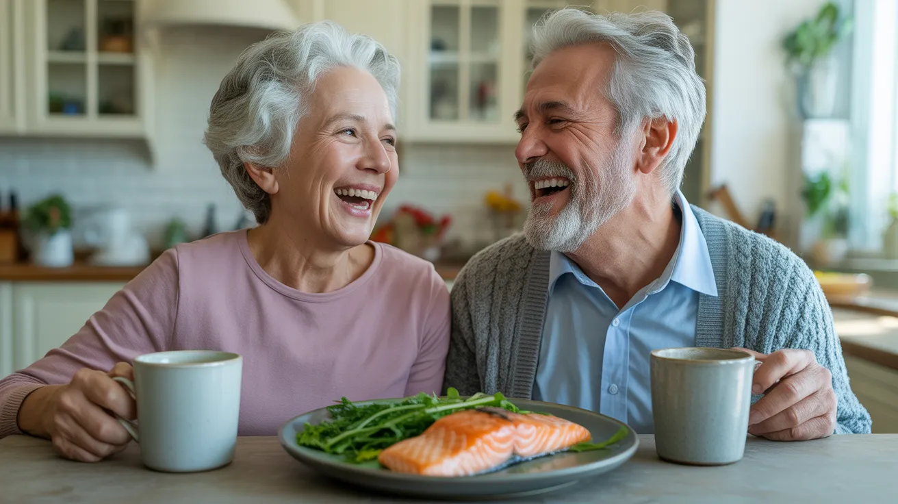 Two happy seniors share a laugh over a healthy meal of salmon and salad at a brightly lit kitchen table.
