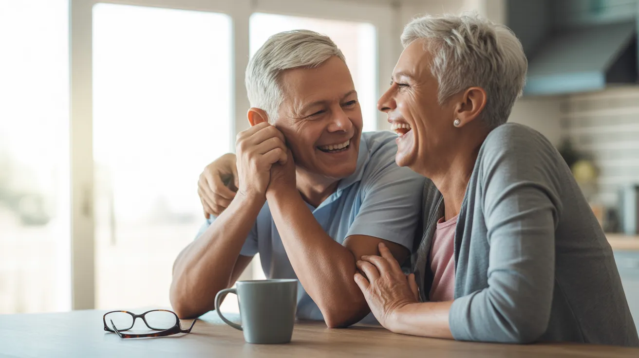 A senior man and woman laughing together over coffee at their bright kitchen table, with a pair of reading glasses nearby.