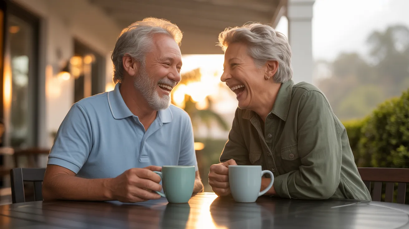 A senior man and woman laugh together at a table on a patio. The day is overcast but they are lit by a warm, sunny light.