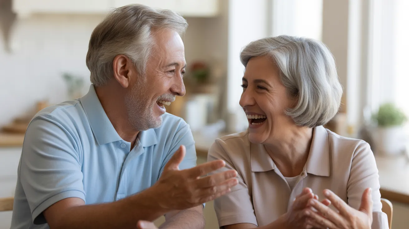 A senior man and woman laughing together over coffee at a kitchen table, illuminated by soft window light.
