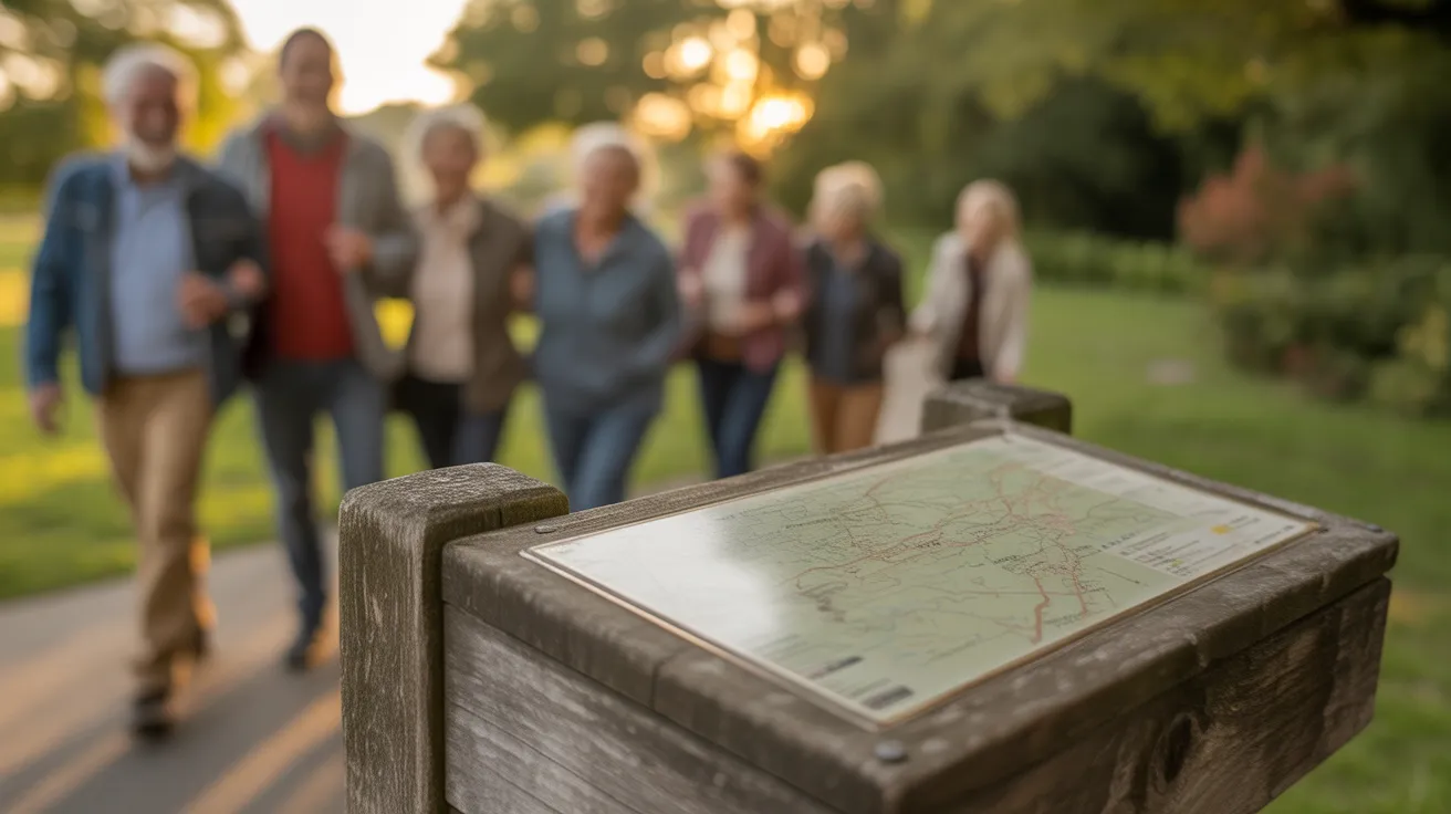 A close-up of a trail map sign with a group of older friends enjoying a walk in a park during sunset, blurred in the background.