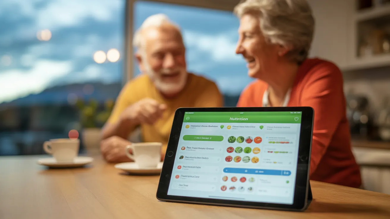 A tablet showing a health app sits on a kitchen table, with two smiling seniors out of focus in the background.