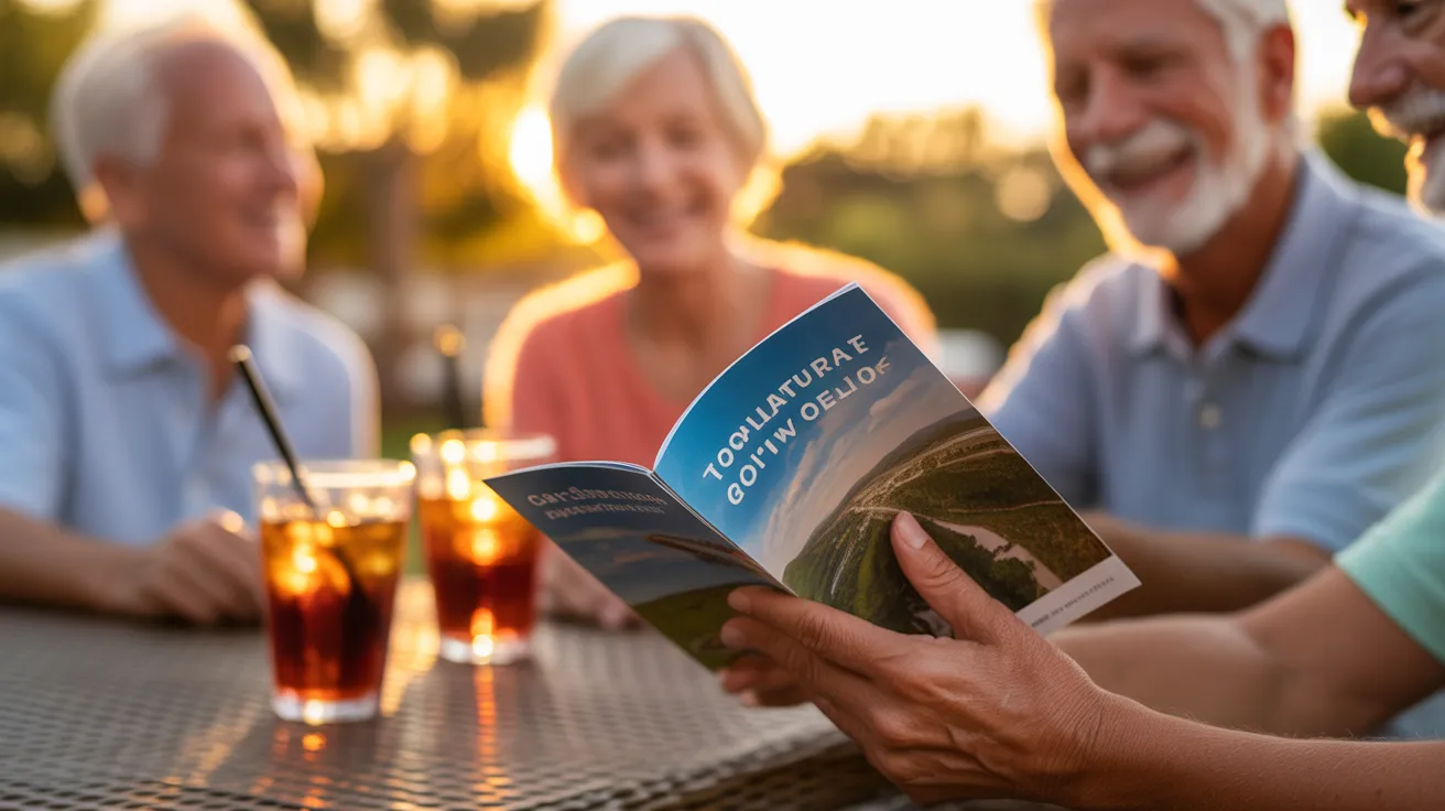 Close-up of a travel brochure held by older friends on a sunny patio. Their happy, blurred faces and drinks are visible in the background.