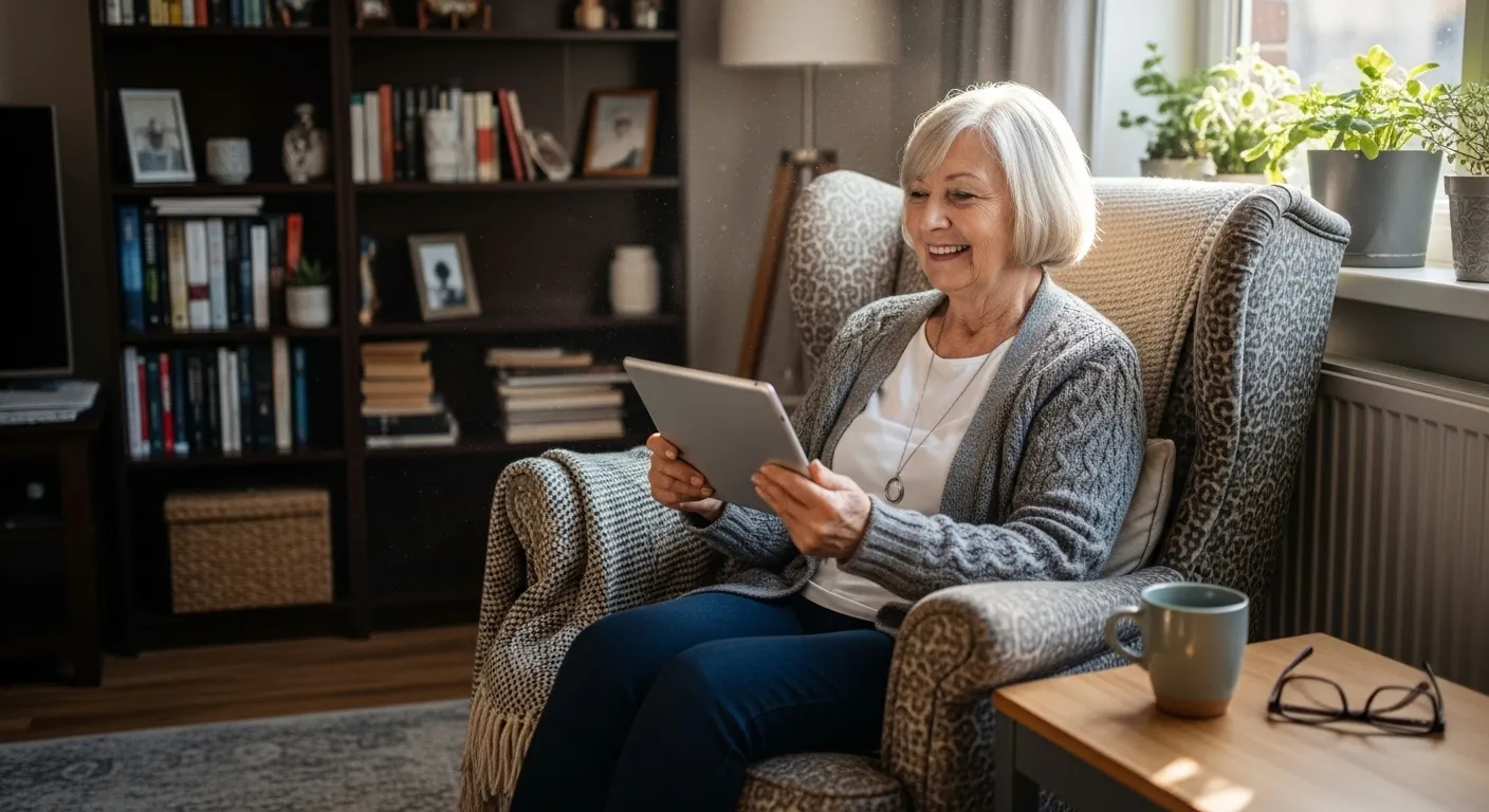 A smiling senior woman sits in an armchair by a window, happily holding a tablet during the day in her bright living room.