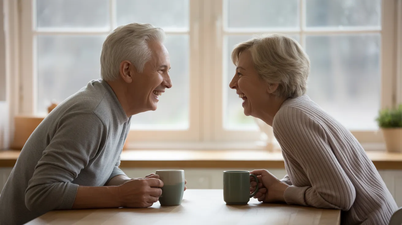 A senior man and woman laugh together while sitting at a kitchen table with coffee mugs, lit by soft window light on an overcast day.