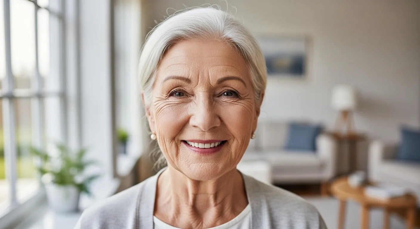 A close-up of a happy senior woman with laugh lines, her face lit by natural window light. A tidy, sunlit living room is blurred behind her.