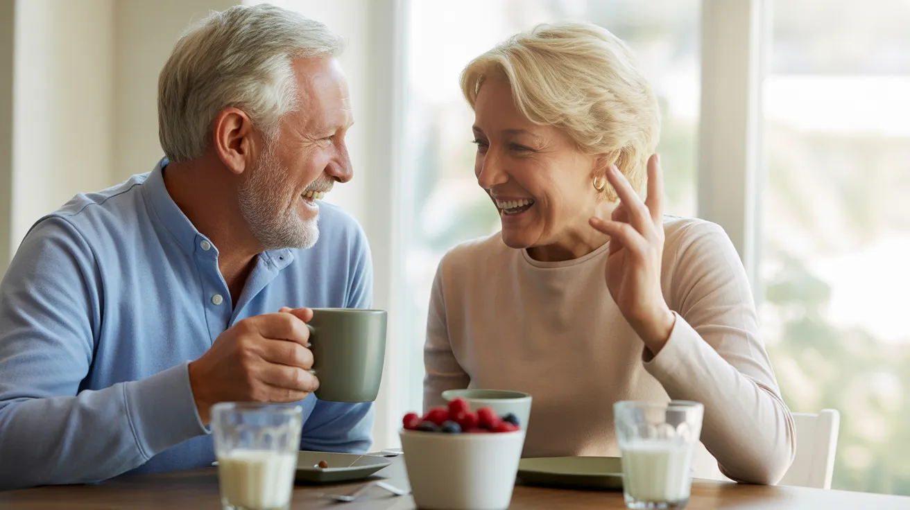 An older man and woman laugh together over coffee at a kitchen table, with a bowl of berries and a glass of milk nearby.