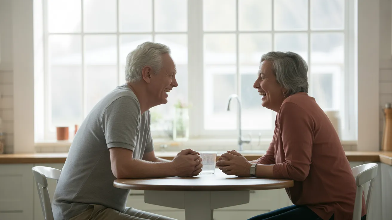 Two seniors are laughing together while sitting at a kitchen table with coffee mugs, in a brightly lit, modern home.