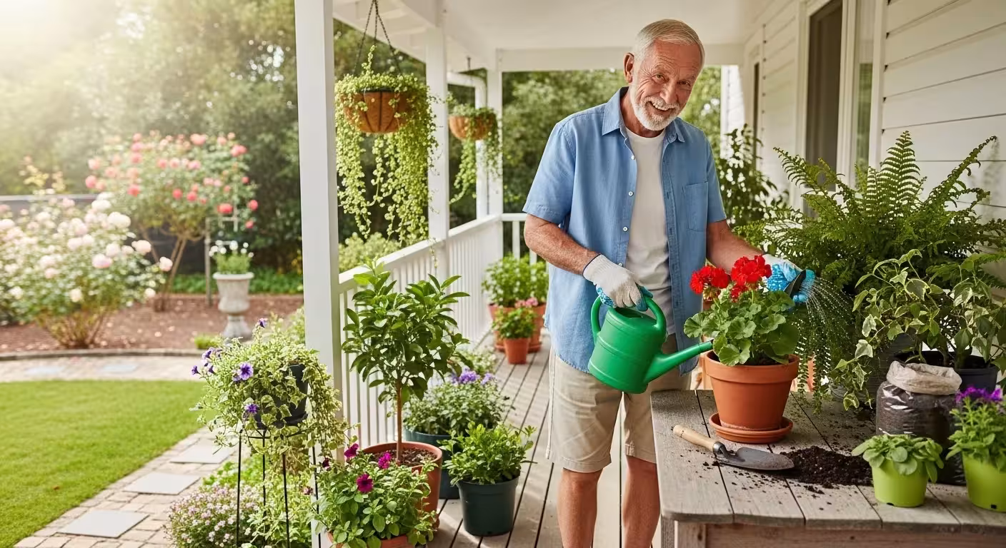 A smiling senior man in a wide shot on a covered porch, watering his potted plants in the daytime.