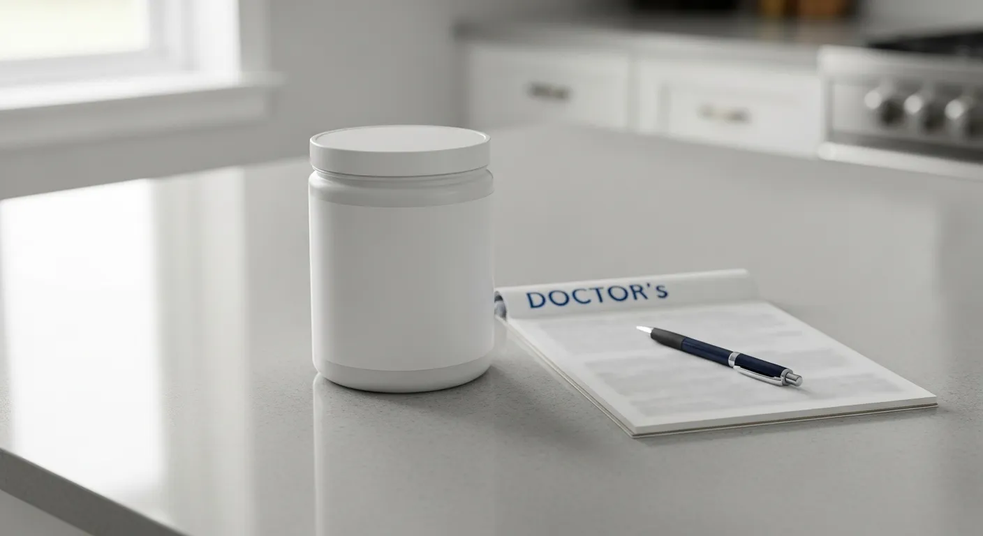 A tub of nutritional supplement powder sits beside a blurred notepad and pen on a kitchen counter, suggesting a planned health discussion.