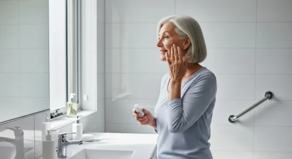 A senior woman with healthy skin smiles while applying face cream in a sunlit bathroom with a safety grab bar on the wall.