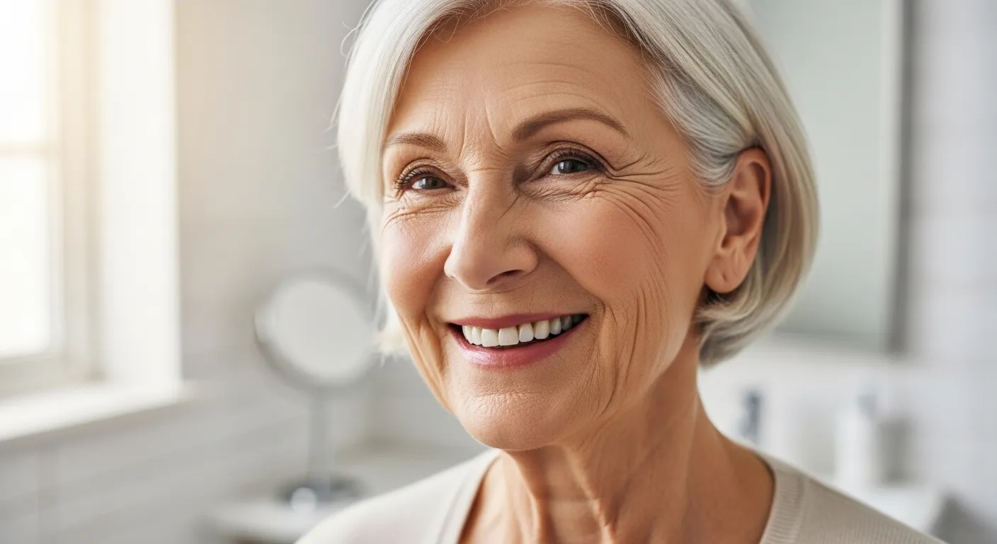 A close-up of a senior woman's happy, healthy face, smiling in a brightly lit bathroom setting.
