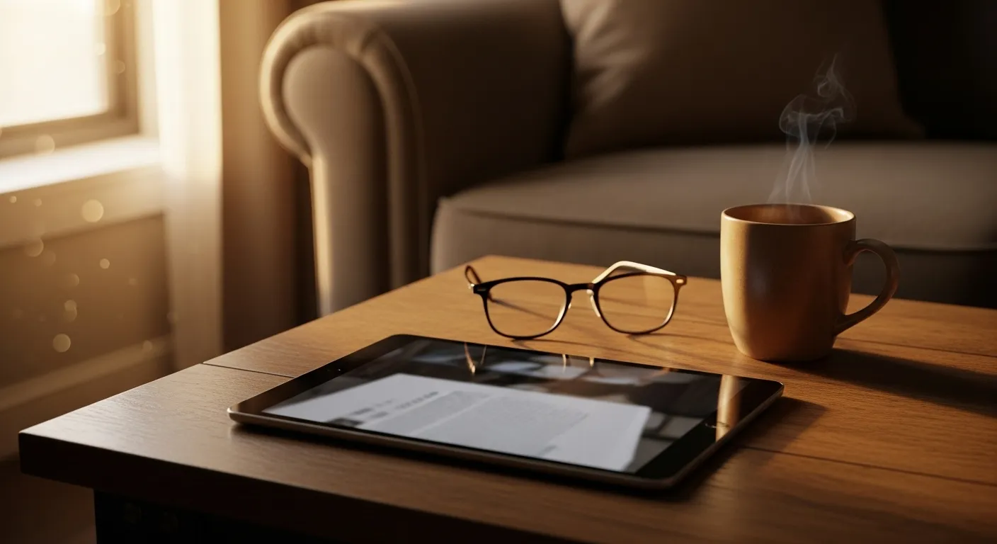 A tablet computer and reading glasses on a coffee table in a sunlit, cozy living room.
