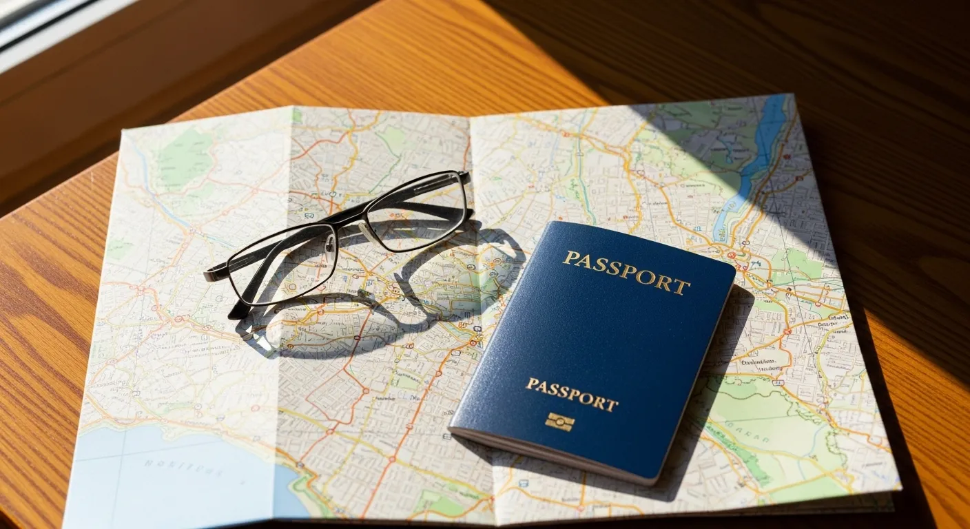 A passport and reading glasses lie on a folded map on a wooden table, seen from above in bright daylight.