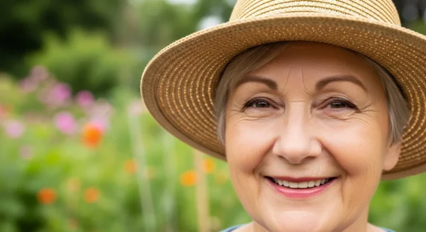 A close-up of a senior woman's happy face, wearing a sun hat, with the blurred greenery of a community garden behind her.