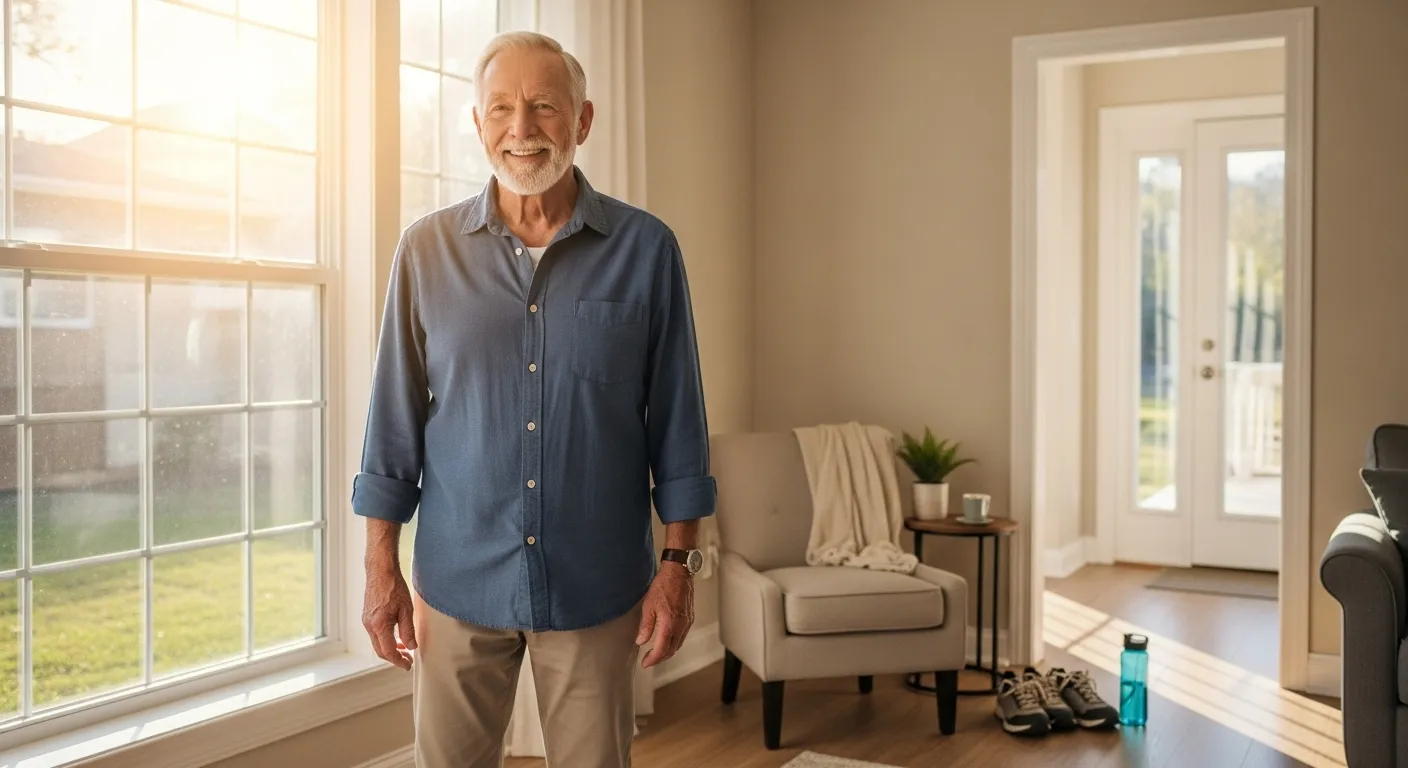 A happy senior man stands in his sunlit living room, with walking shoes by the door in the background, suggesting a healthy lifestyle.