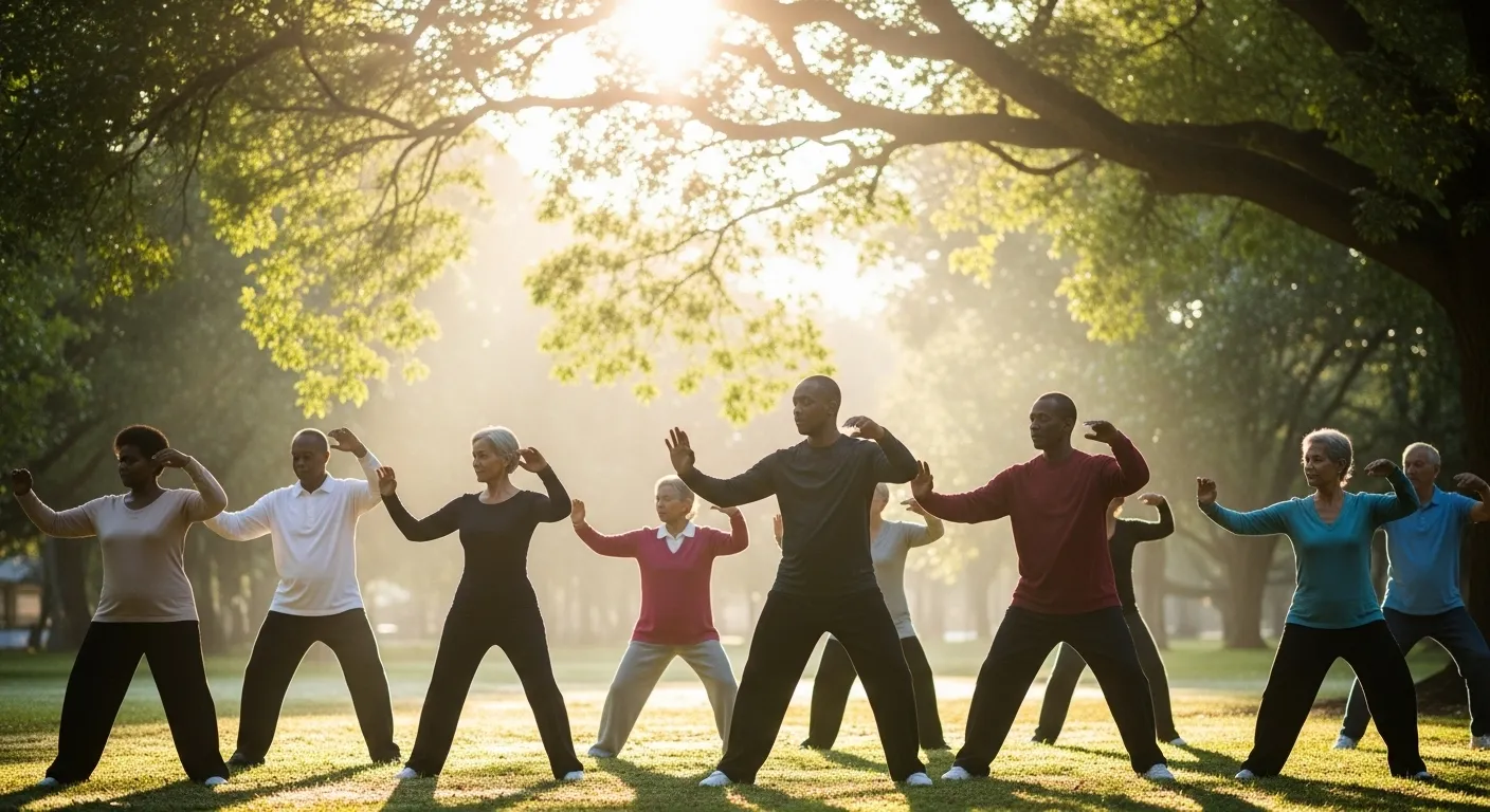 A wide shot of seniors doing Tai Chi in a sunlit park. The strong backlight from behind the trees creates a serene, glowing effect.