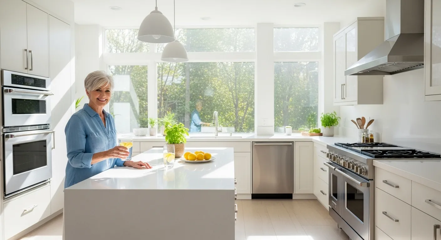 A smiling senior woman stands in a bright, modern kitchen during the day, holding a glass of infused water.