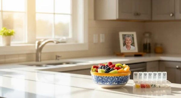 A bright kitchen with a bowl of fruit and a pill organizer on the counter. In the background is a framed photo of a smiling senior.
