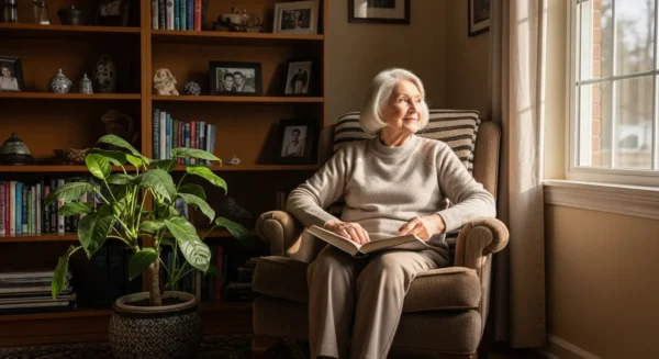 A wide shot of a bright living room where a senior woman sits smiling peacefully in an armchair by a window.