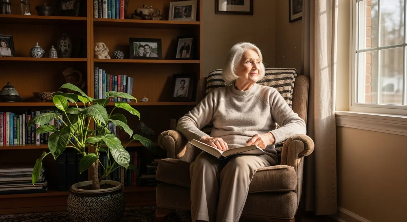 A wide shot of a bright living room where a senior woman sits smiling peacefully in an armchair by a window.