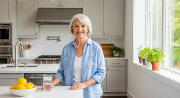 A smiling senior woman stands in her bright, sunny kitchen, with a glass of water and a bowl of fresh lemons on the counter beside her.