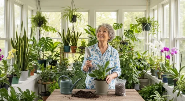 A smiling senior woman in a sunlit room, surrounded by green houseplants, holds a small gardening tool.