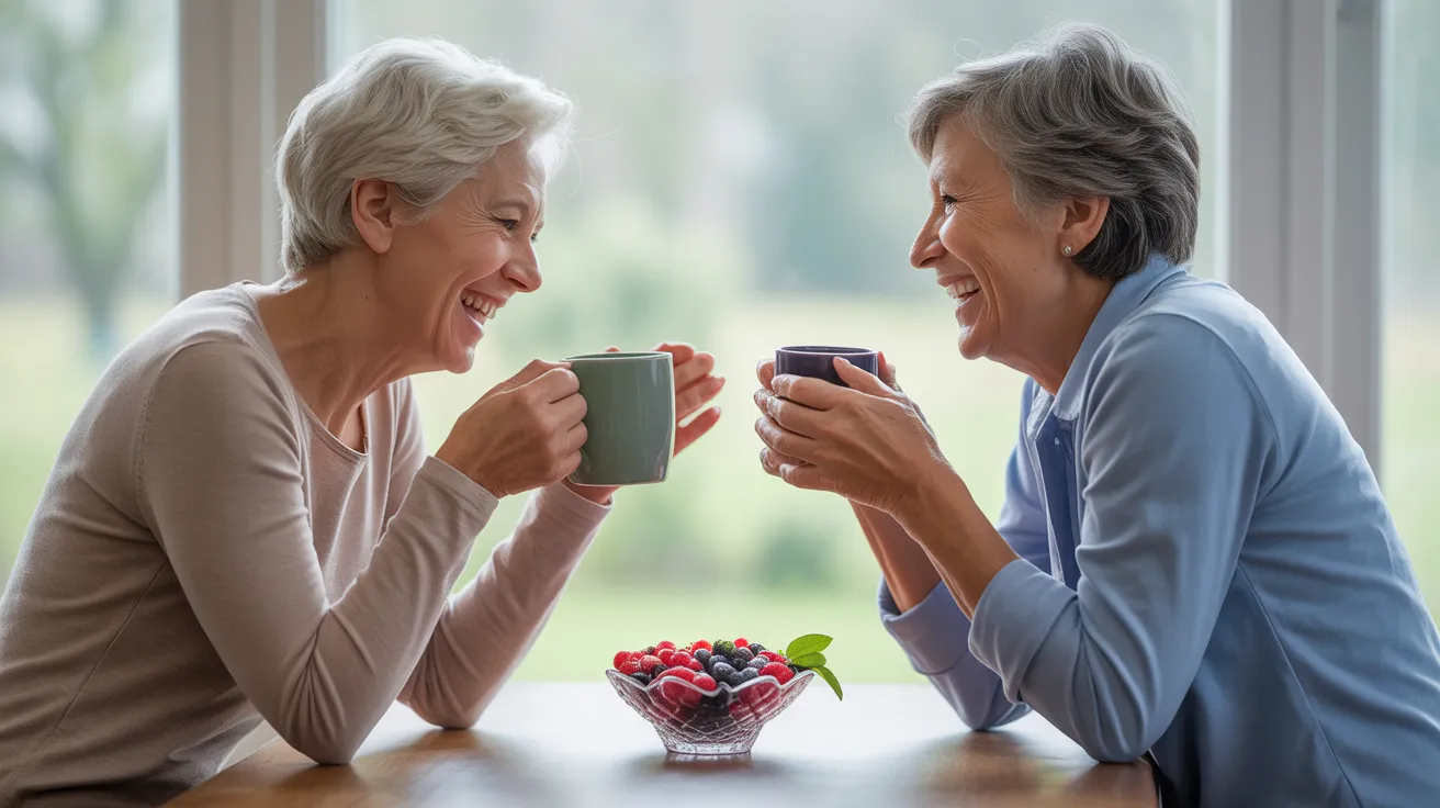 A senior man and woman laugh together while sitting at a kitchen table with coffee mugs and a bowl of fresh berries, lit by soft window light.