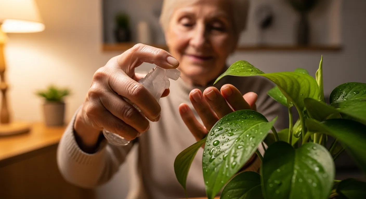 A senior's hand gently waters a lush houseplant in the warm glow of an evening lamp, conveying a sense of peaceful care and well-being.