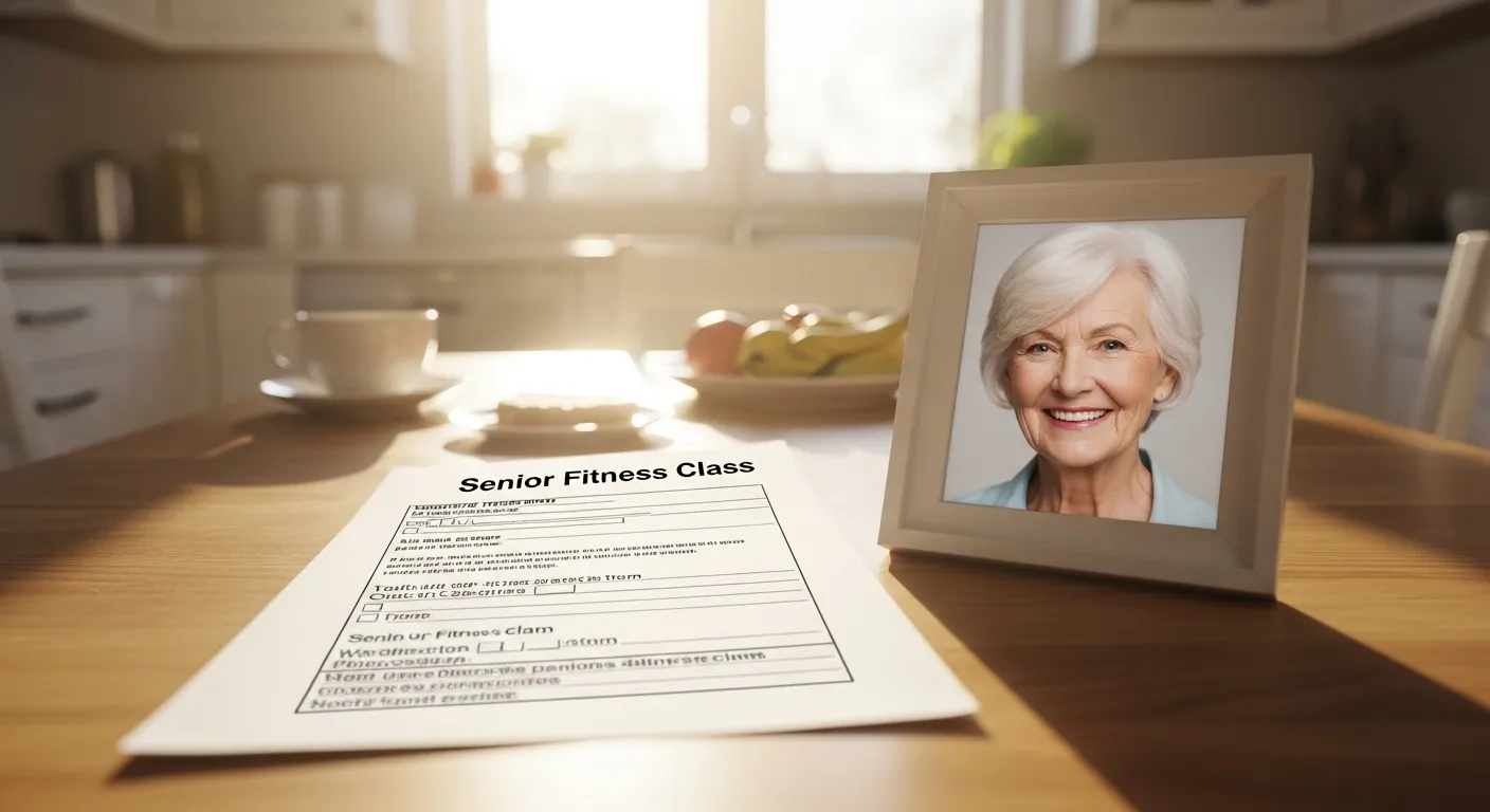 A wide view of a kitchen table with a fitness class form and a framed photo of a smiling senior woman, illuminated by morning light.