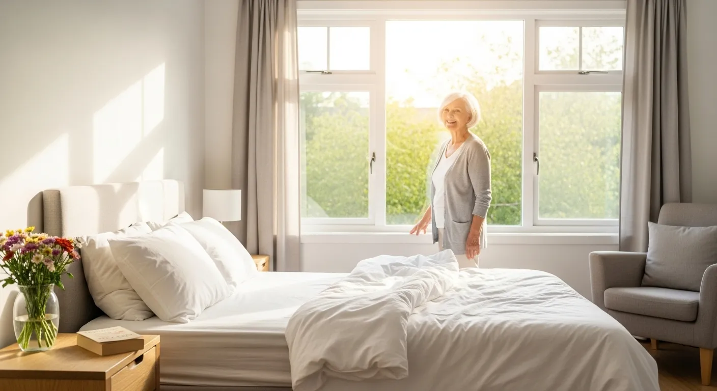 A well-rested senior woman smiles warmly while standing in her sunlit, organized bedroom in the morning.