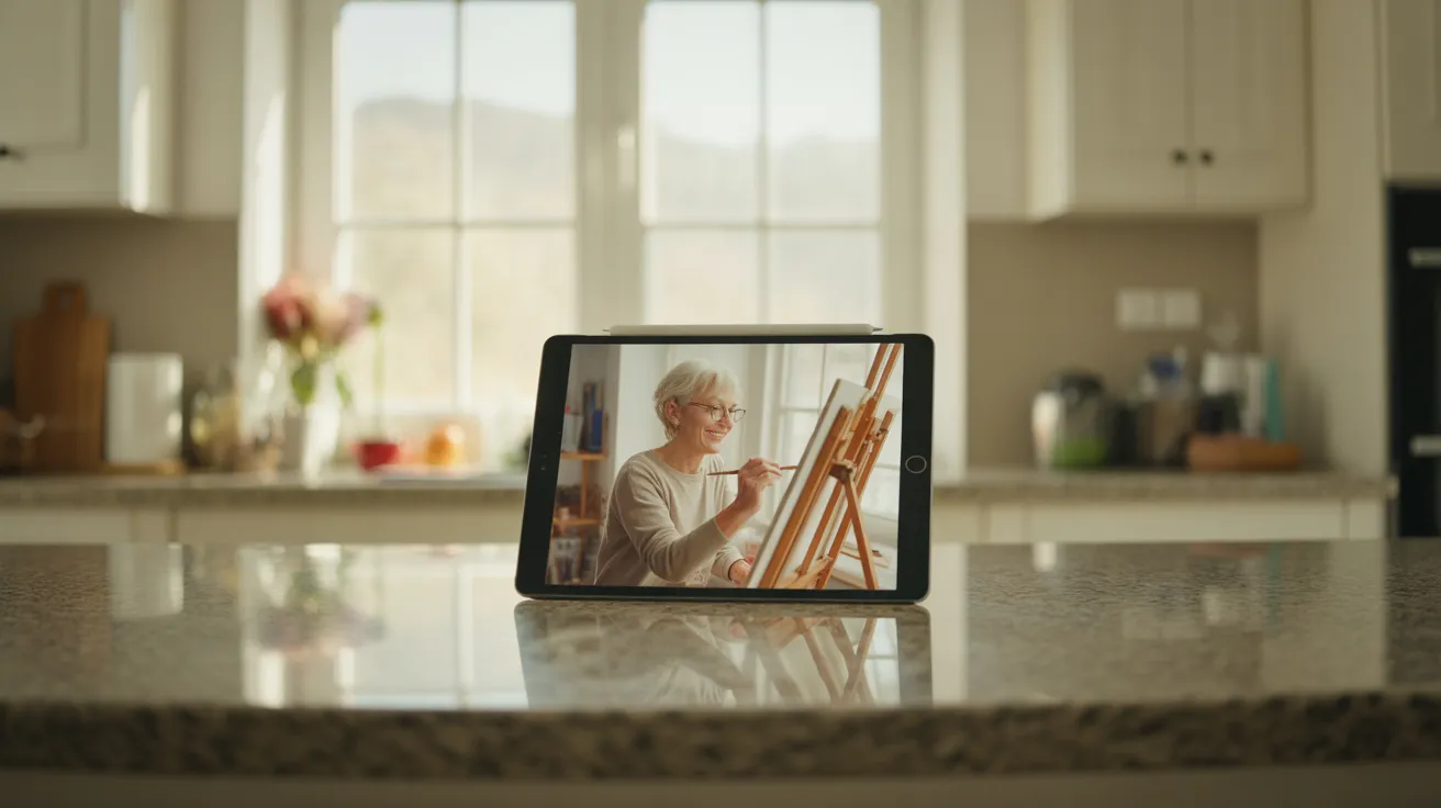 A tablet on a kitchen counter displays a photo of a senior woman painting. The kitchen is lit by harsh midday sun, creating strong shadows.