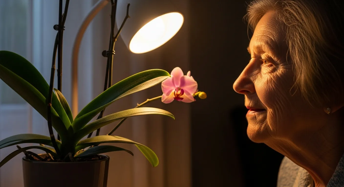 A senior's face in profile, smiling gently under warm lamplight while looking at a blooming orchid plant in the evening.