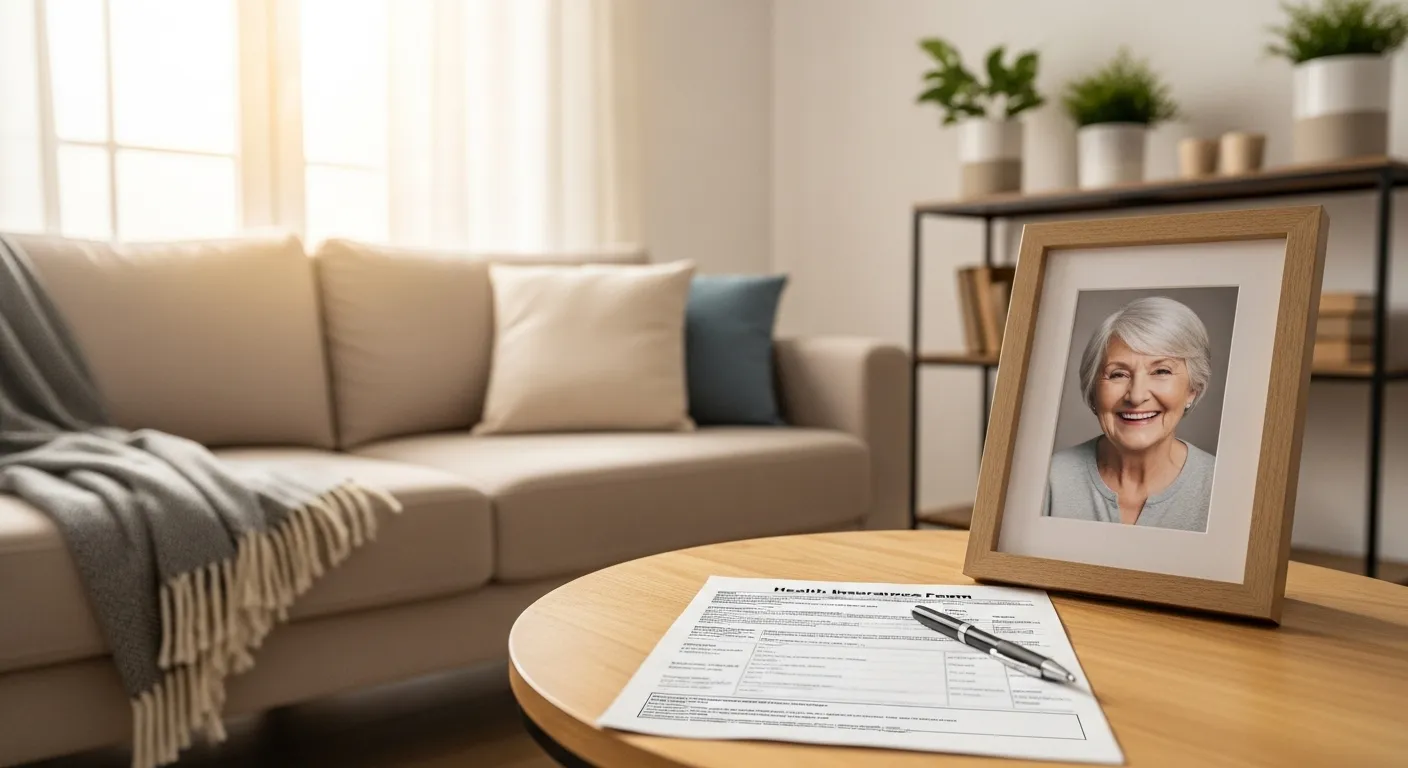 A wide view of a calm living room with a framed photo of a happy senior and a blurred document on a side table in the daylight.