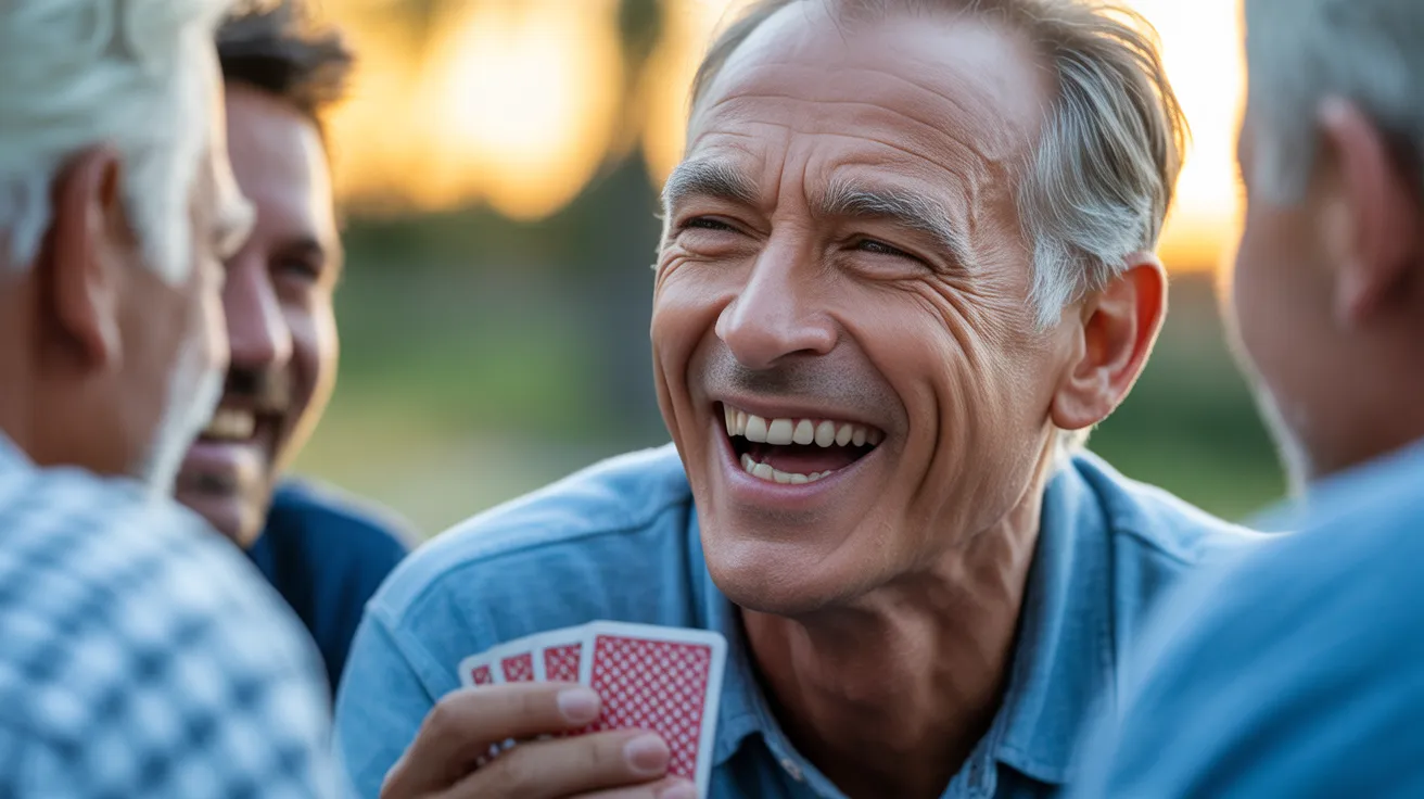 A close-up of an older man's face, lit by golden hour sun, as he laughs during a card game with friends outdoors.
