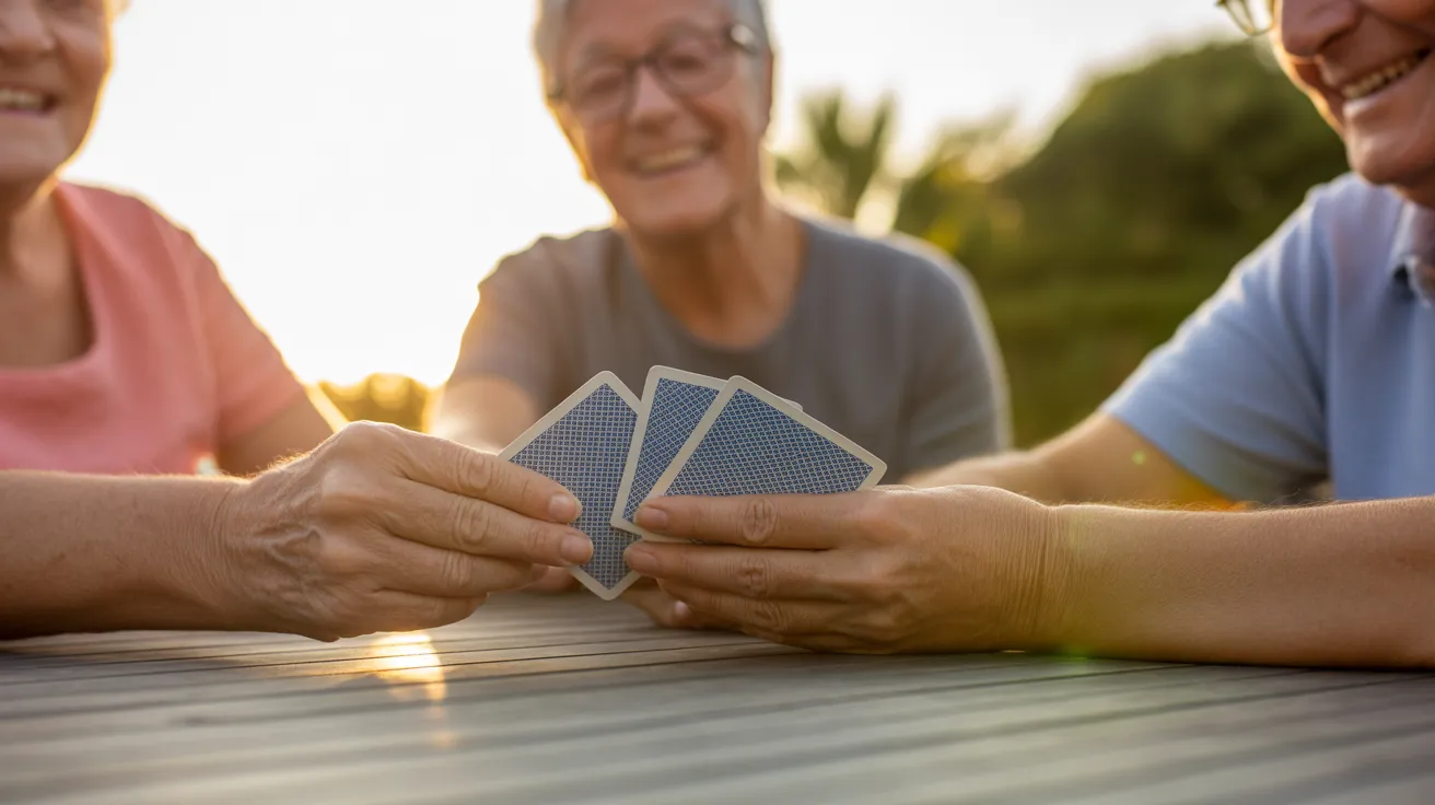 A close-up of older adults' hands holding playing cards over a patio table, with their happy faces softly blurred in the background at sunset.