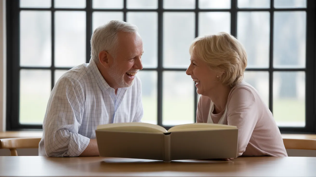 Two seniors sit at a kitchen table, laughing together as they look through a photo album, illuminated by soft window light.